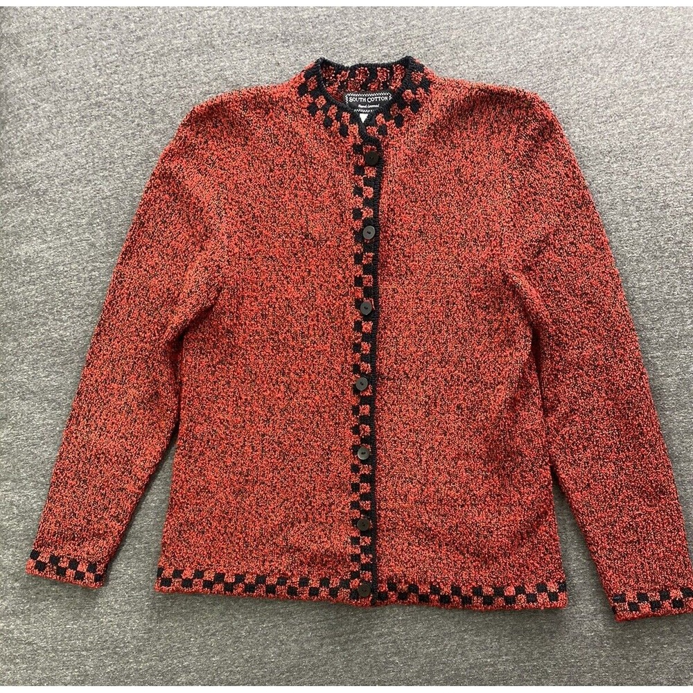 Vintage South Cotton‎ Hand Loomed Cardigan Sweater Womens Small Red Grannycore